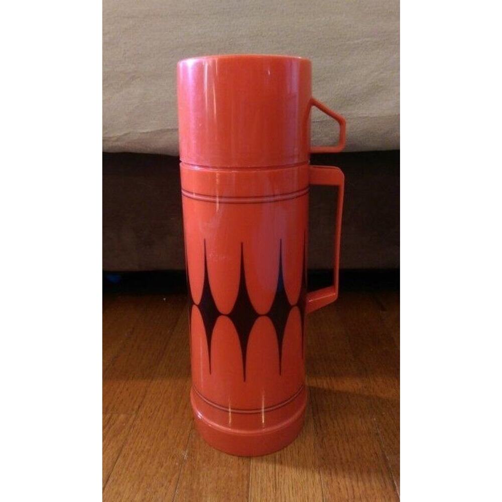 Vintage Aladdin Insulated Flask Thermos - Red with Black Diamond Pattern 1 Quart